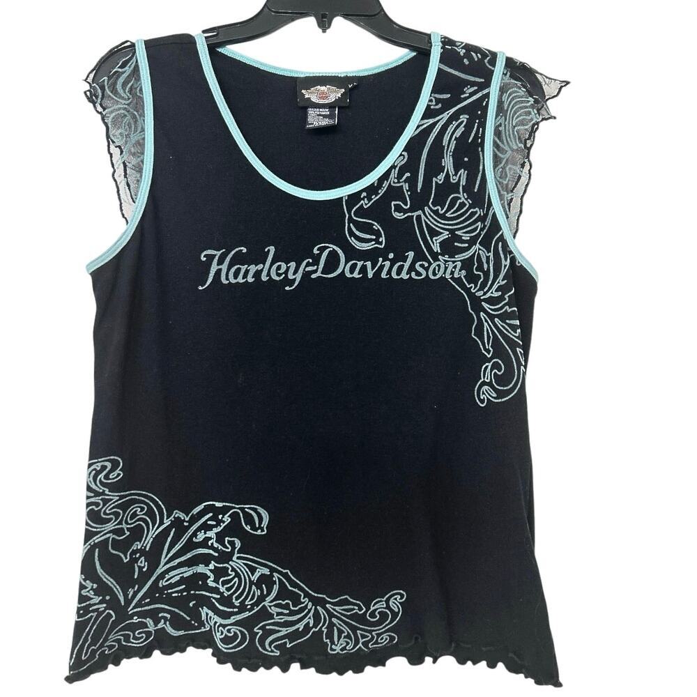 Vintage Y2K Lace Trim Baby Tee Harley Davidson Teal Felt Embroidery XL Edgy